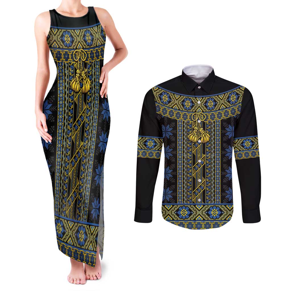 Ukraine Couples Matching Tank Maxi Dress and Long Sleeve Button Shirt Traditional Braided Rope Belt Folk Pattern National Color