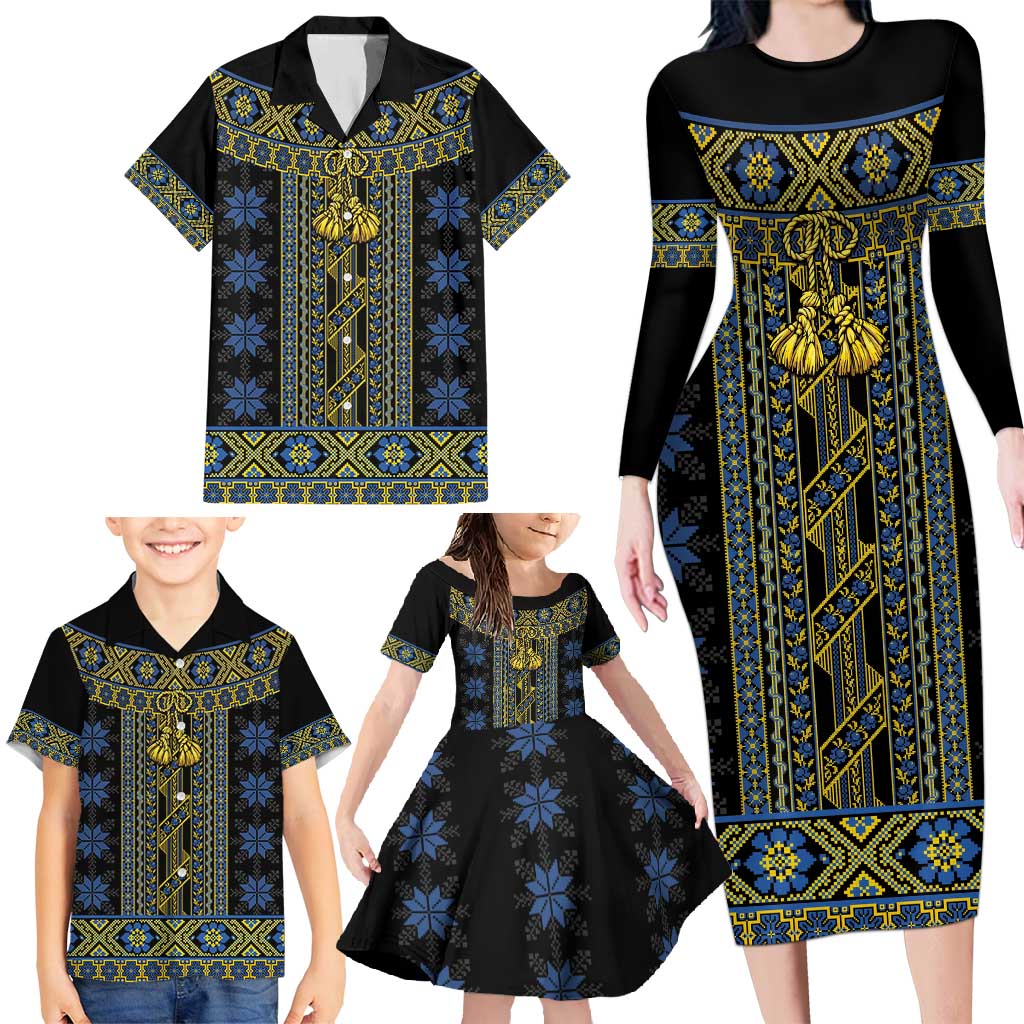 Ukraine Family Matching Long Sleeve Bodycon Dress and Hawaiian Shirt Traditional Braided Rope Belt Folk Pattern National Color
