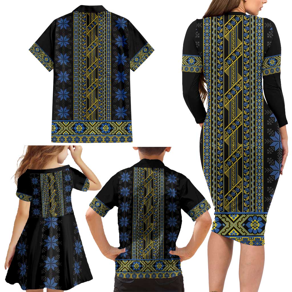 Ukraine Family Matching Long Sleeve Bodycon Dress and Hawaiian Shirt Traditional Braided Rope Belt Folk Pattern National Color