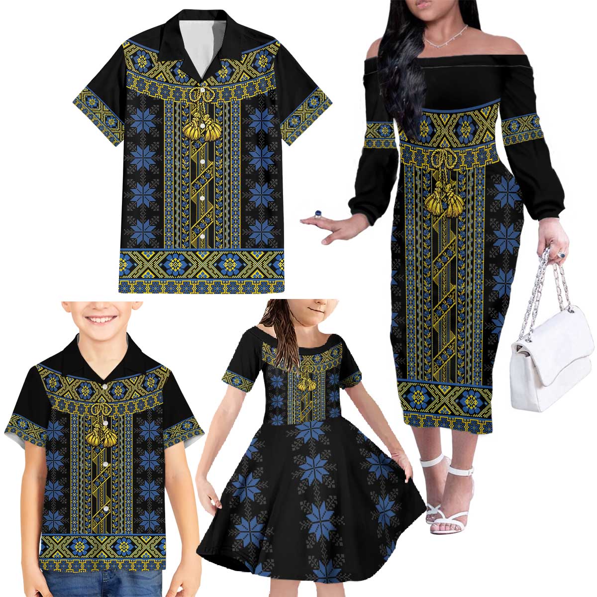 Ukraine Family Matching Off The Shoulder Long Sleeve Dress and Hawaiian Shirt Traditional Braided Rope Belt Folk Pattern National Color