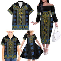 Ukraine Family Matching Off The Shoulder Long Sleeve Dress and Hawaiian Shirt Traditional Braided Rope Belt Folk Pattern National Color