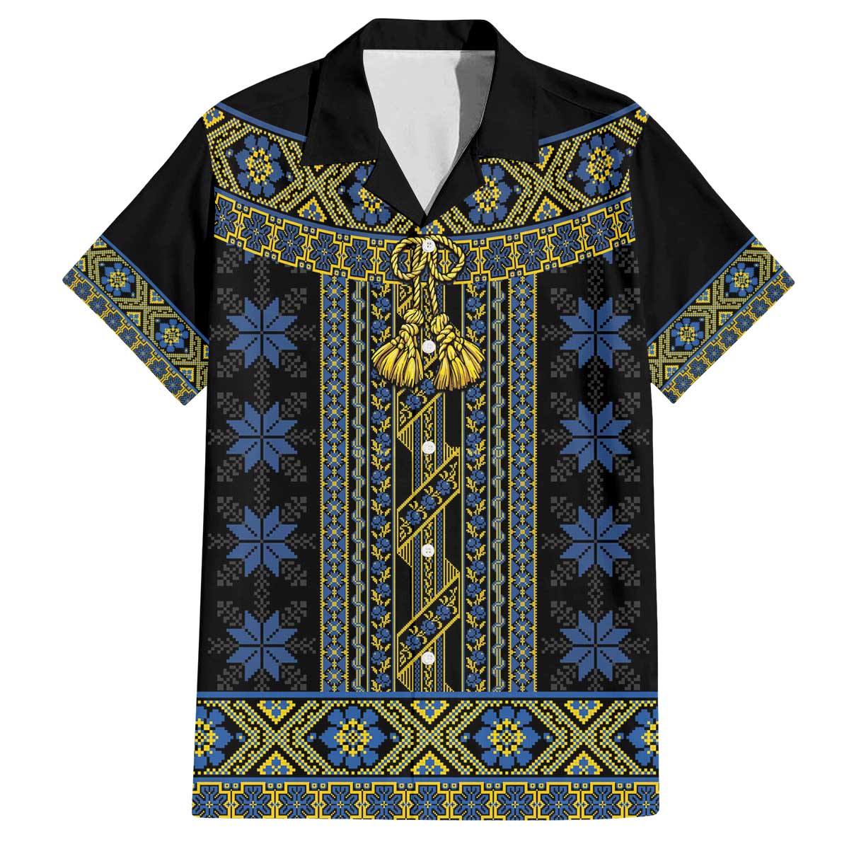 Ukraine Family Matching Off The Shoulder Long Sleeve Dress and Hawaiian Shirt Traditional Braided Rope Belt Folk Pattern National Color