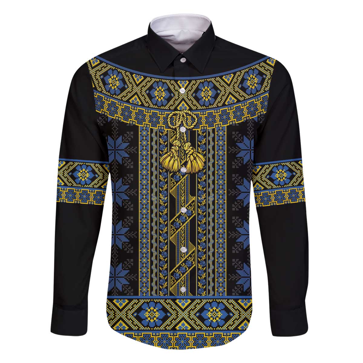 Ukraine Family Matching Off The Shoulder Long Sleeve Dress and Hawaiian Shirt Traditional Braided Rope Belt Folk Pattern National Color