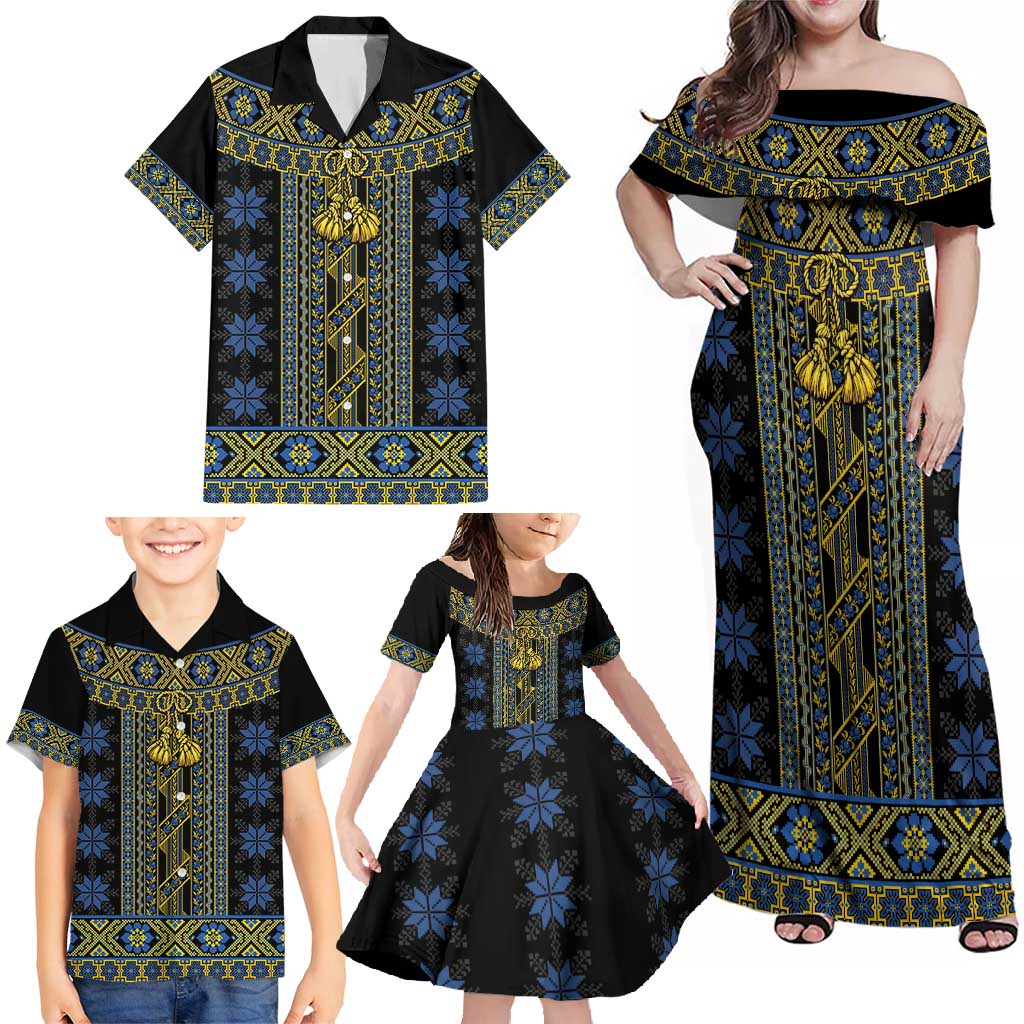 Ukraine Family Matching Off Shoulder Maxi Dress and Hawaiian Shirt Traditional Braided Rope Belt Folk Pattern National Color