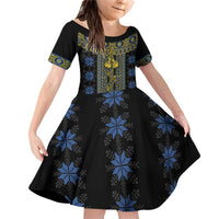 Ukraine Family Matching Off Shoulder Short Dress and Hawaiian Shirt Traditional Braided Rope Belt Folk Pattern National Color