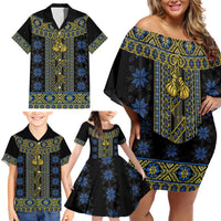 Ukraine Family Matching Off Shoulder Short Dress and Hawaiian Shirt Traditional Braided Rope Belt Folk Pattern National Color