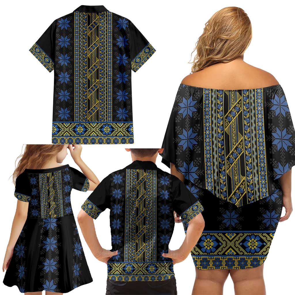 Ukraine Family Matching Off Shoulder Short Dress and Hawaiian Shirt Traditional Braided Rope Belt Folk Pattern National Color