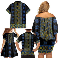Ukraine Family Matching Off Shoulder Short Dress and Hawaiian Shirt Traditional Braided Rope Belt Folk Pattern National Color