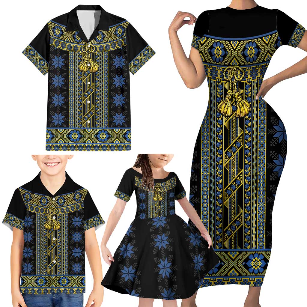 Ukraine Family Matching Short Sleeve Bodycon Dress and Hawaiian Shirt Traditional Braided Rope Belt Folk Pattern National Color