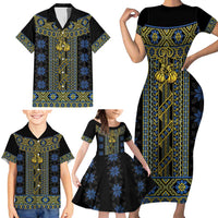 Ukraine Family Matching Short Sleeve Bodycon Dress and Hawaiian Shirt Traditional Braided Rope Belt Folk Pattern National Color