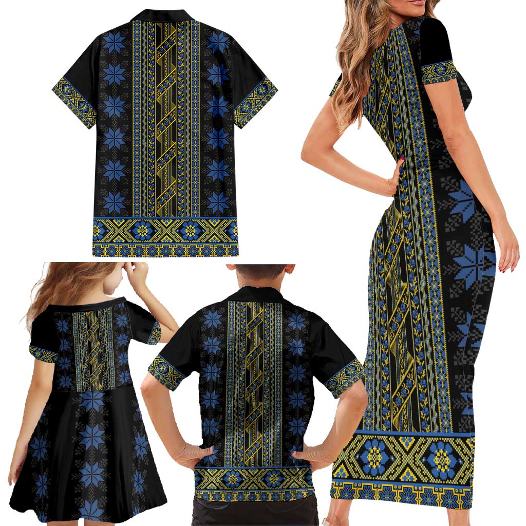 Ukraine Family Matching Short Sleeve Bodycon Dress and Hawaiian Shirt Traditional Braided Rope Belt Folk Pattern National Color