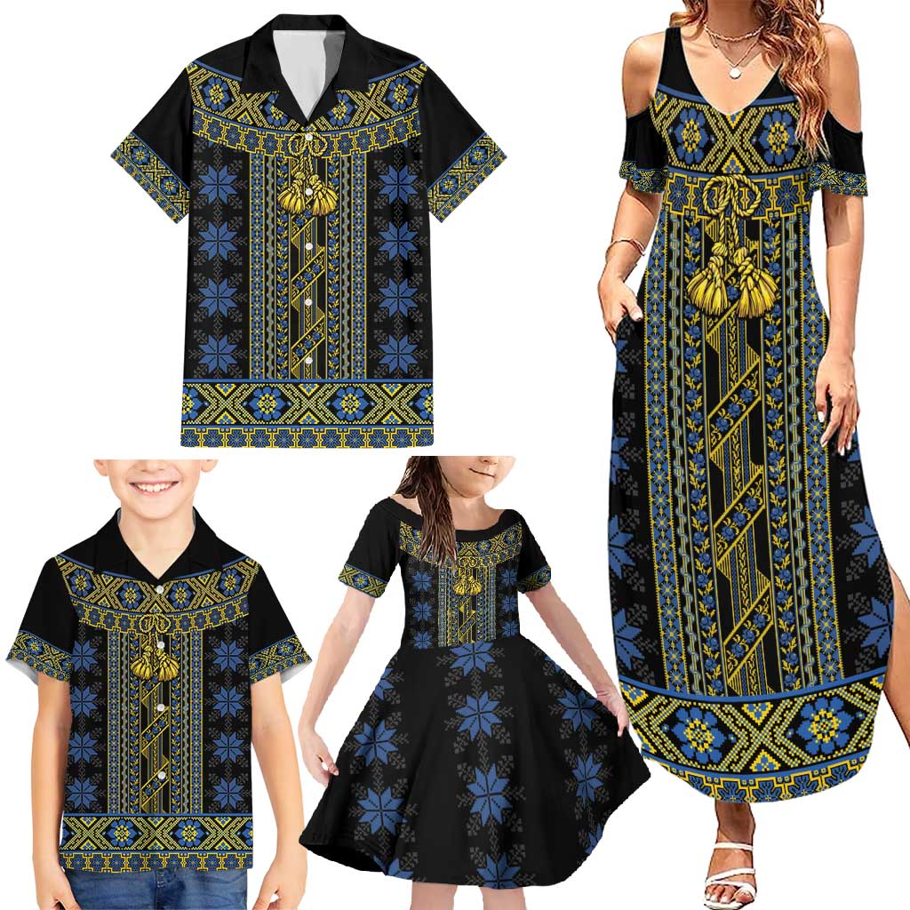 Ukraine Family Matching Summer Maxi Dress and Hawaiian Shirt Traditional Braided Rope Belt Folk Pattern National Color