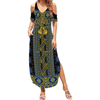 Ukraine Family Matching Summer Maxi Dress and Hawaiian Shirt Traditional Braided Rope Belt Folk Pattern National Color