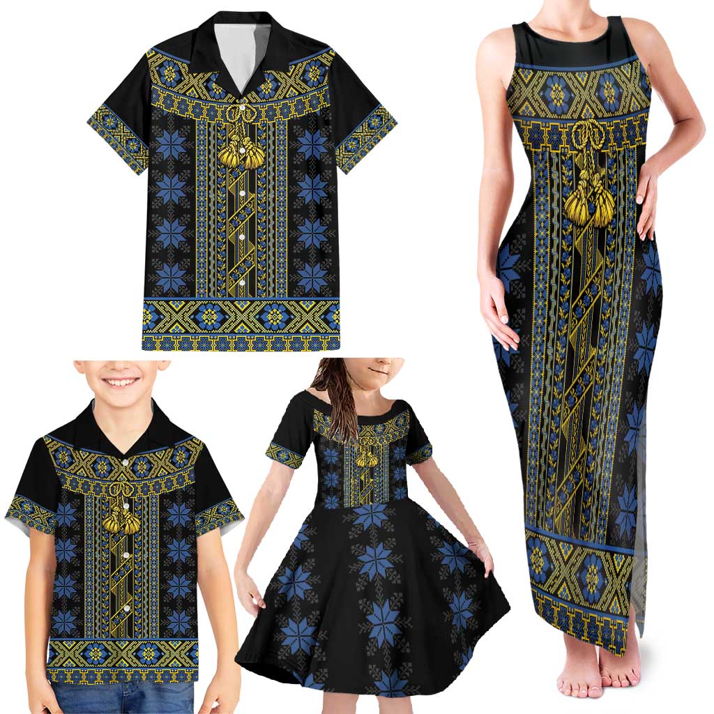 Ukraine Family Matching Tank Maxi Dress and Hawaiian Shirt Traditional Braided Rope Belt Folk Pattern National Color