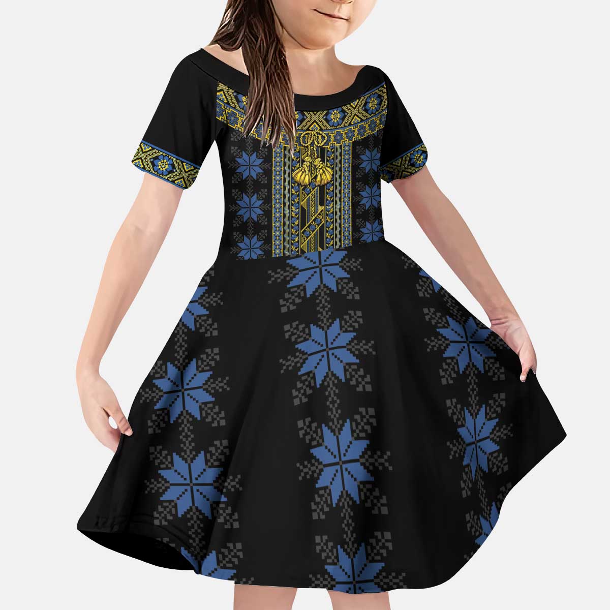 Ukraine Kid Short Sleeve Dress Traditional Braided Rope Belt Folk Pattern National Color