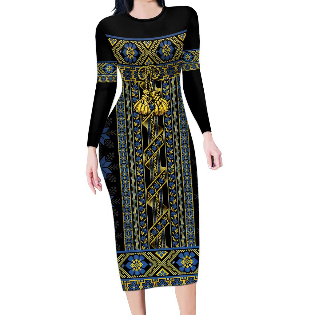 Ukraine Long Sleeve Bodycon Dress Traditional Braided Rope Belt Folk Pattern National Color
