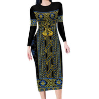 Ukraine Long Sleeve Bodycon Dress Traditional Braided Rope Belt Folk Pattern National Color