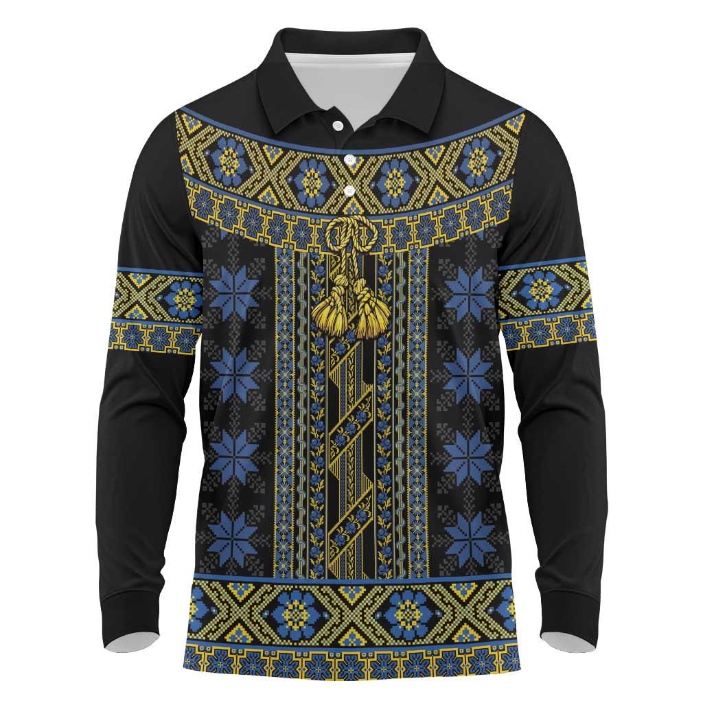 Ukraine Long Sleeve Polo Shirt Traditional Braided Rope Belt Folk Pattern National Color