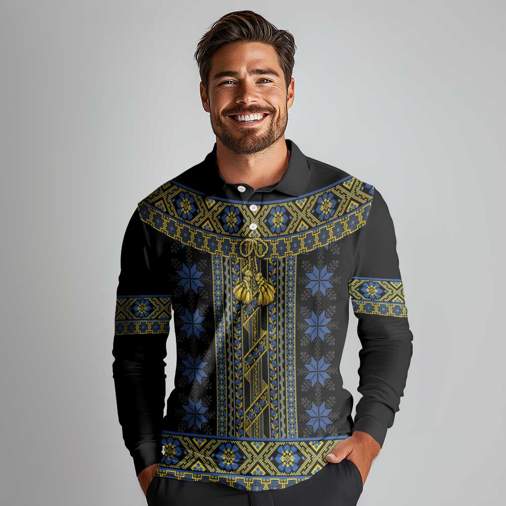 Ukraine Long Sleeve Polo Shirt Traditional Braided Rope Belt Folk Pattern National Color