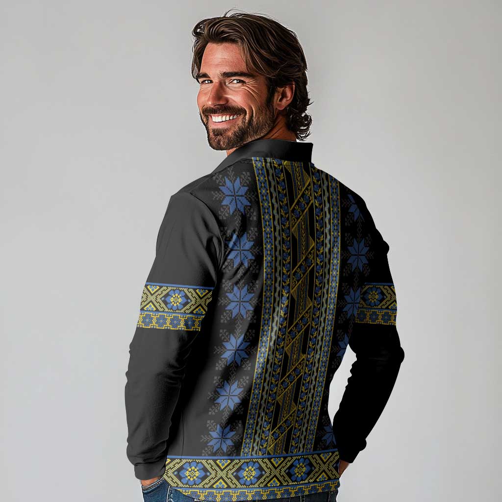 Ukraine Long Sleeve Polo Shirt Traditional Braided Rope Belt Folk Pattern National Color