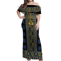 Ukraine Off Shoulder Maxi Dress Traditional Braided Rope Belt Folk Pattern National Color