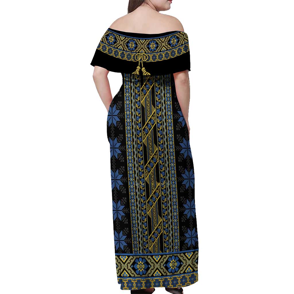Ukraine Off Shoulder Maxi Dress Traditional Braided Rope Belt Folk Pattern National Color