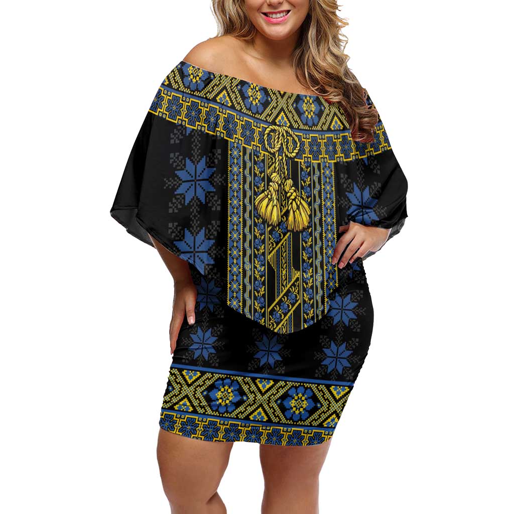 Ukraine Off Shoulder Short Dress Traditional Braided Rope Belt Folk Pattern National Color