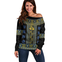 Ukraine Off Shoulder Sweater Traditional Braided Rope Belt Folk Pattern National Color