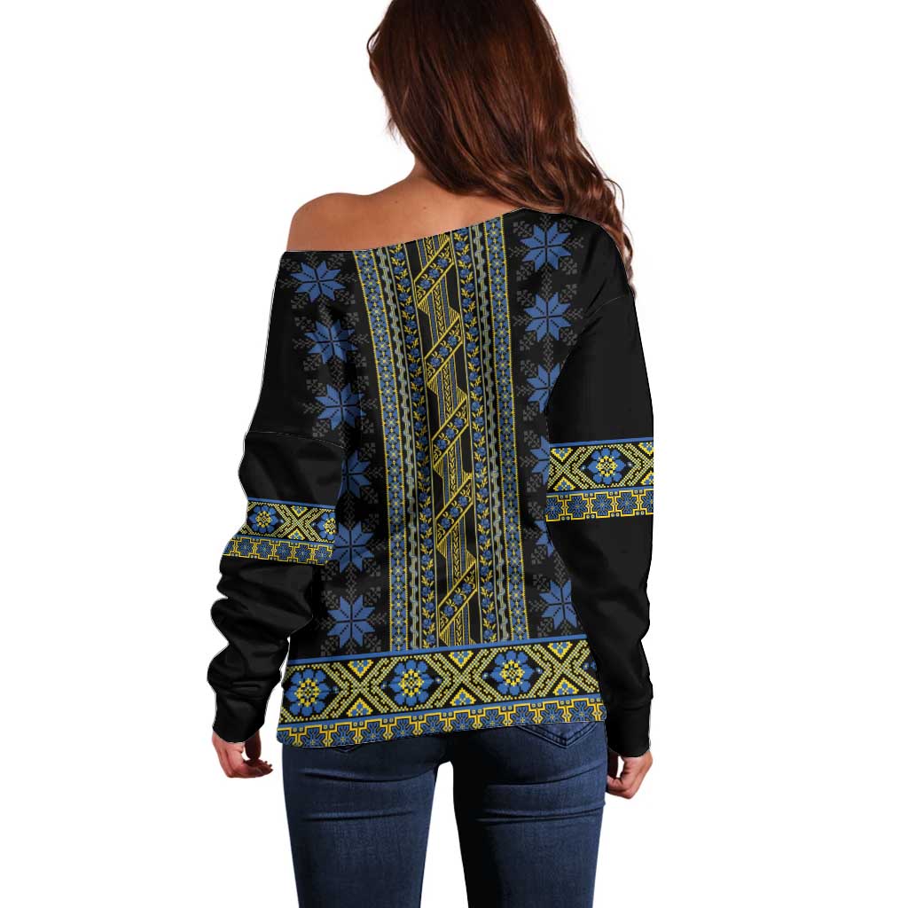 Ukraine Off Shoulder Sweater Traditional Braided Rope Belt Folk Pattern National Color