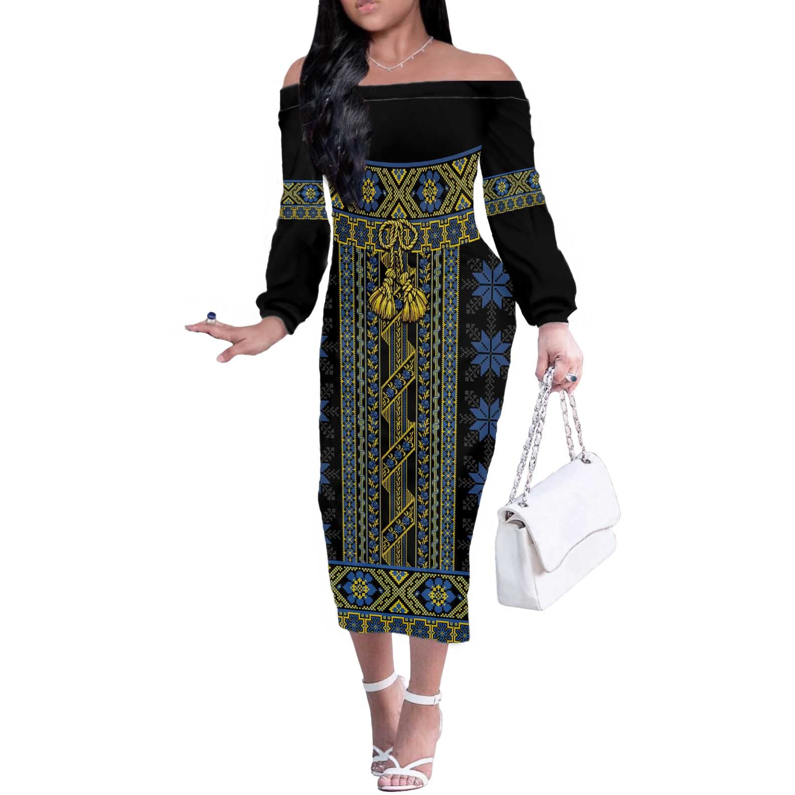 Ukraine Off The Shoulder Long Sleeve Dress Traditional Braided Rope Belt Folk Pattern National Color