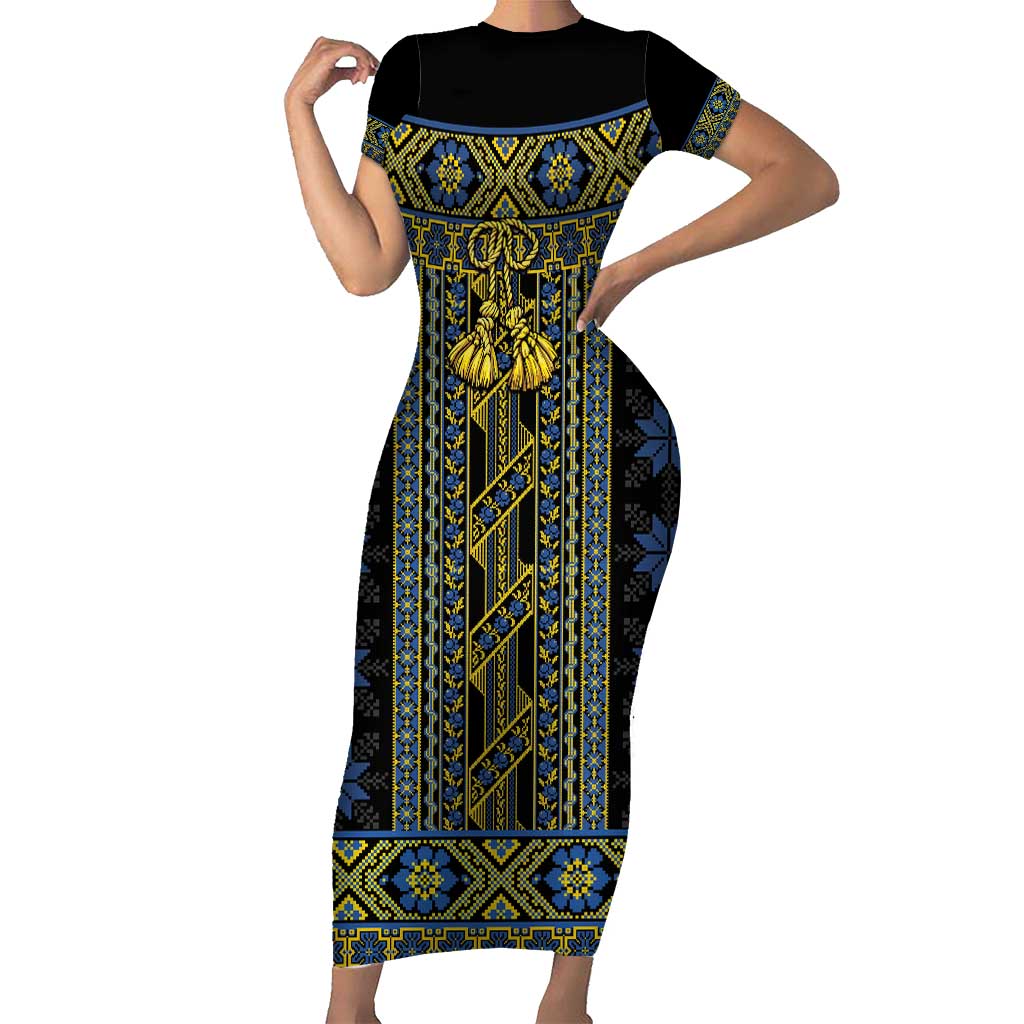 Ukraine Short Sleeve Bodycon Dress Traditional Braided Rope Belt Folk Pattern National Color