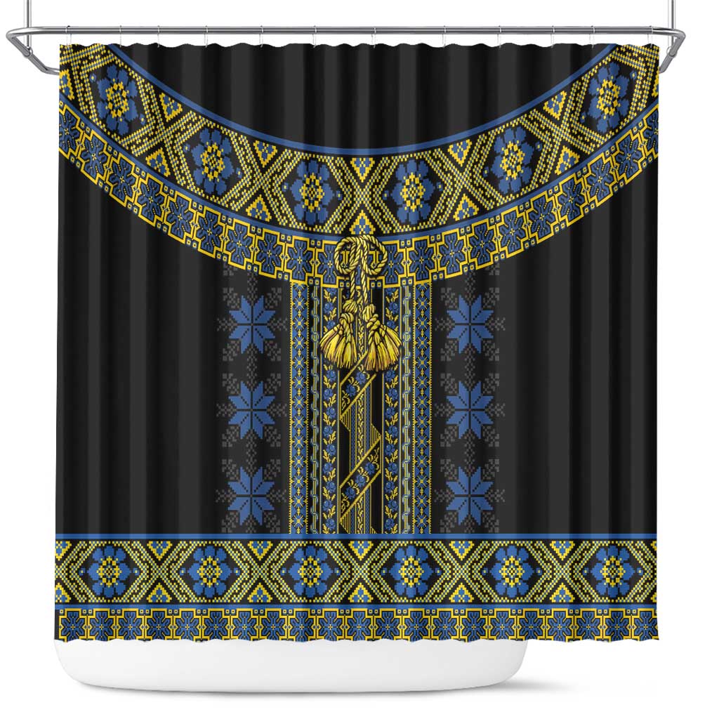Ukraine Shower Curtain Traditional Braided Rope Belt Folk Pattern National Color