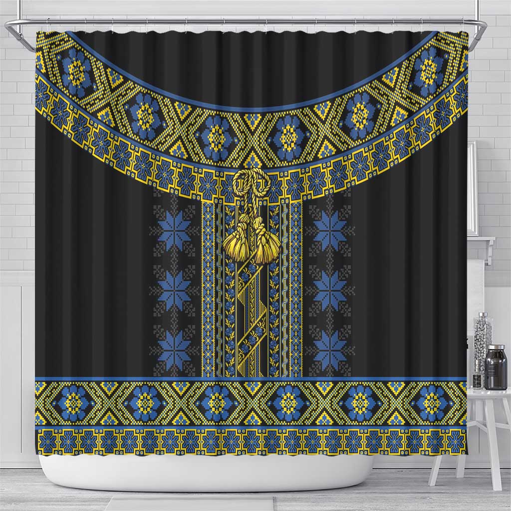 Ukraine Shower Curtain Traditional Braided Rope Belt Folk Pattern National Color