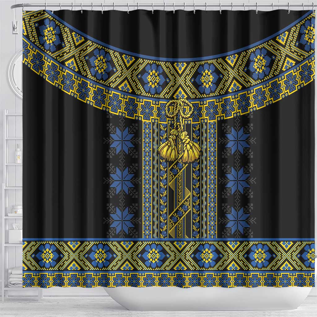 Ukraine Shower Curtain Traditional Braided Rope Belt Folk Pattern National Color