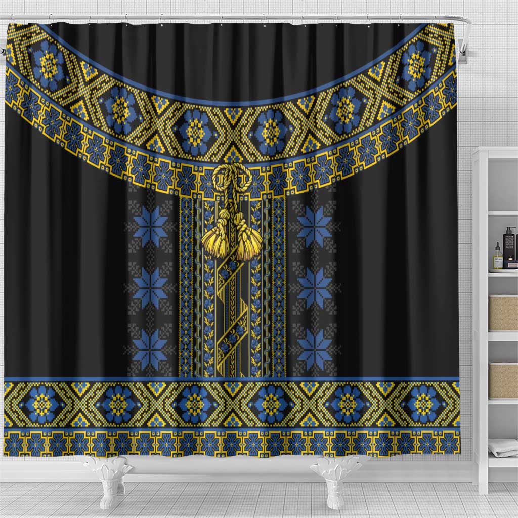 Ukraine Shower Curtain Traditional Braided Rope Belt Folk Pattern National Color