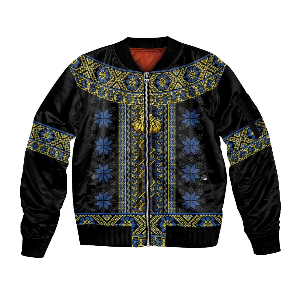Ukraine Sleeve Zip Bomber Jacket Traditional Braided Rope Belt Folk Pattern National Color