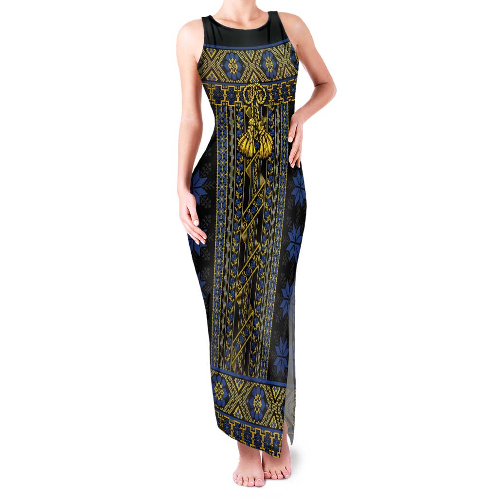 Ukraine Tank Maxi Dress Traditional Braided Rope Belt Folk Pattern National Color