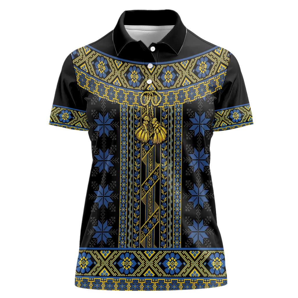 Ukraine Women Polo Shirt Traditional Braided Rope Belt Folk Pattern National Color