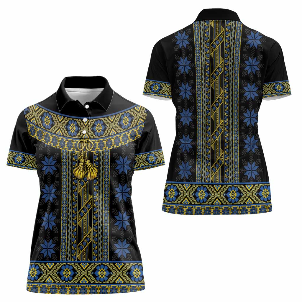Ukraine Women Polo Shirt Traditional Braided Rope Belt Folk Pattern National Color