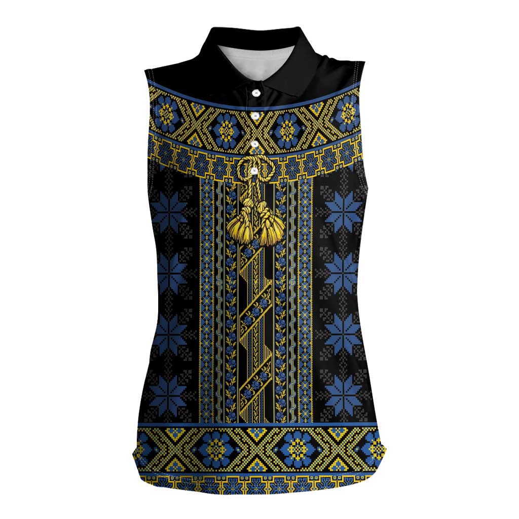 Ukraine Women Sleeveless Polo Shirt Traditional Braided Rope Belt Folk Pattern National Color