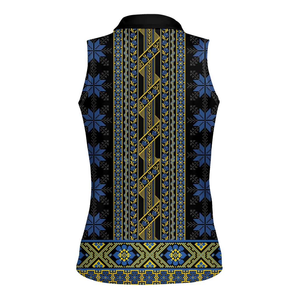 Ukraine Women Sleeveless Polo Shirt Traditional Braided Rope Belt Folk Pattern National Color