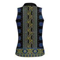 Ukraine Women Sleeveless Polo Shirt Traditional Braided Rope Belt Folk Pattern National Color
