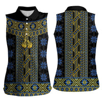 Ukraine Women Sleeveless Polo Shirt Traditional Braided Rope Belt Folk Pattern National Color