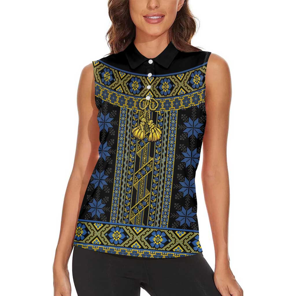 Ukraine Women Sleeveless Polo Shirt Traditional Braided Rope Belt Folk Pattern National Color