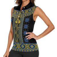 Ukraine Women Sleeveless Polo Shirt Traditional Braided Rope Belt Folk Pattern National Color