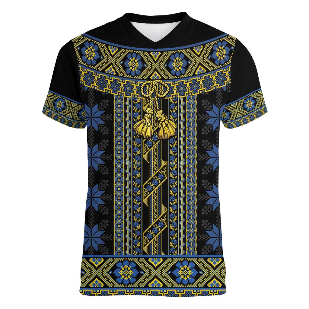 Ukraine Women V-Neck T-Shirt Traditional Braided Rope Belt Folk Pattern National Color