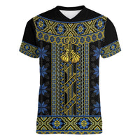 Ukraine Women V-Neck T-Shirt Traditional Braided Rope Belt Folk Pattern National Color