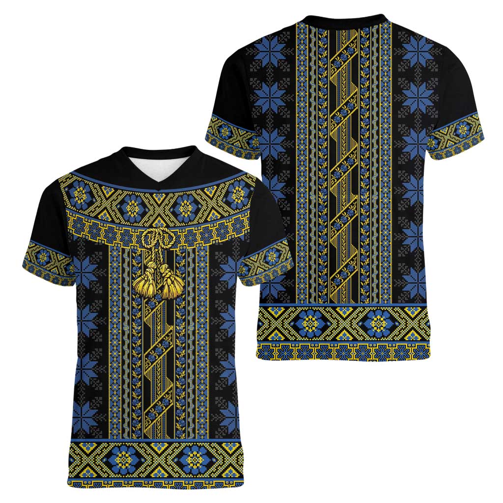 Ukraine Women V-Neck T-Shirt Traditional Braided Rope Belt Folk Pattern National Color