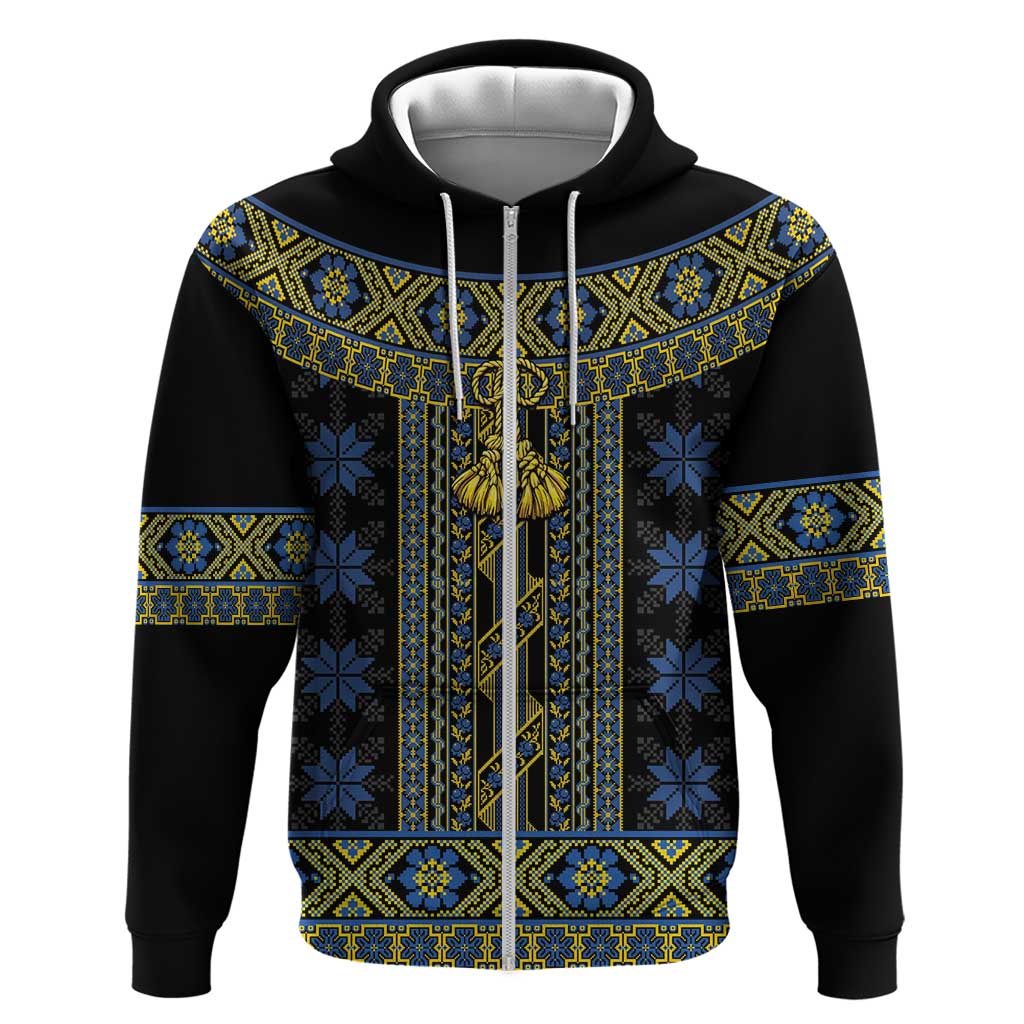 Ukraine Zip Hoodie Traditional Braided Rope Belt Folk Pattern National Color