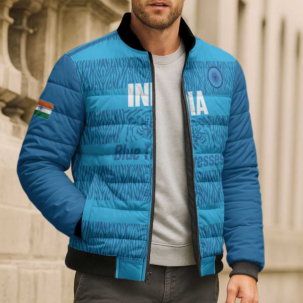 Custom India Football 2026 Bomber Puffer Jacket Come On Blue Tigresses - Blue Version